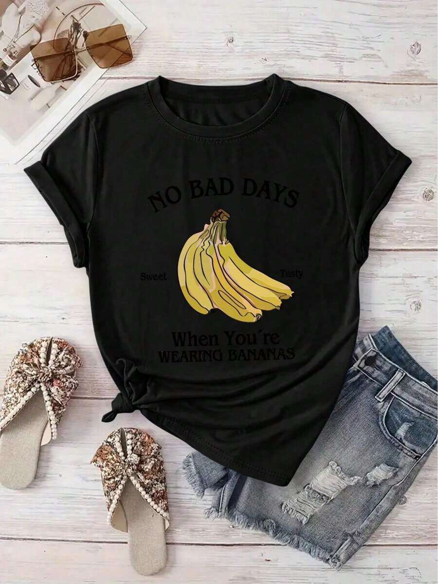 [Latest Model] Camia With Fun Banana Print, Casual Basic Crew Neck Camia, Short Sleeve Camia For Spring/Summer Vacation, Women's Activewear, New Women's Clothing, Machine Washable, Suitable As A Gift. Women's T-Shirt. Blouses>Elegant. Boho Chic, Soft, Breathable And Comfortable Women's Top, Ideal For Spring, Summer And Autumn, Perfect For Vacation, Travel And Everyday Wear. - 黑色 - 查看 1