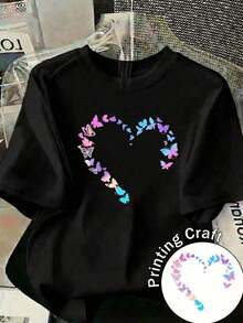 Women's Casual Black T-Shirt With Heart And Butterfly Print, Short Sleeve, Round Neck, Regular Fit. Suitable As A Gift. Women's T-Shirt. Elegant Blouses. Boho Chic. Soft, Breathable, And Comfortable Women's Top, Ideal For Spring, Summer, And Autumn, Perfect For Vacations, Travel, And Everyday Wear. - 黑色 - 查看 7