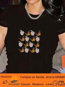 Women's T-Shirt With Cartoon Character Print, Urban Cut, Soft And Stretchy Fabric, Casual Round Neck, Retro Vintage Style Print, Casual Sleeves, Ideal For Daily Outings, Beach Holidays, Sweat-Absorbent, Breathable, Machine Washable, Women's Going-Out T-Shirts - 黑色 - 查看 12