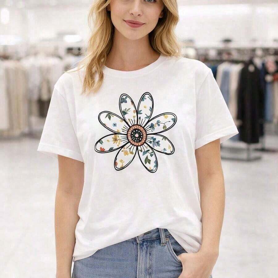 1 Piece Of High-Quality Women's Plus-Size T-Shirt, Cotton, Size M, Round Neck, Short Sleeves, Loose Fit, Floral Print, Casual Everyday Wear, Soft And Breathable T-Shirt, Colorful, Plus-Size Fashion, Comfortable Summer Top. Round Neck, 100% Cotton, Soft Fabric, Short Sleeve - 白色 - 查看 1