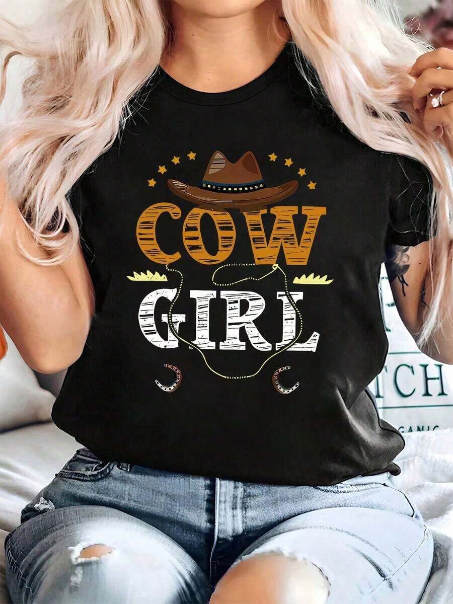 Women's Western Cowgirl Print T-Shirt, Round Neck, Cute And Fun, Short Sleeve For Spring/Summer, Suitable As A Gift. Women's T-Shirt. Blouses>Elegant. Boho Chic. Soft, Breathable, And Comfortable Women's Top, Ideal For Spring, Summer, And Autumn, Perfect For Vacations, Travel, And Everyday Wear. - 黑色 - 查看 1