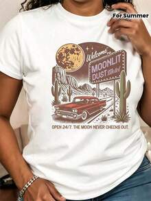Cómodo Camiseta Blanca Vintage de Mujer con Estampado del Oeste y del Desierto - Camiseta Vintage de Manga Corta con Cuello Redondo y Diseños de Cactus y Coches, Camiseta Western "Moonlit Dust Motel" para Mujer - Camiseta con Cuello Redondo y Gráficos de Cactus del Desierto y Coches Retro, Camiseta Casual para Viajes por Carretera - Camiseta Casual de Verano, Adecuada para Conjuntos de Estilo Western, playeras de mujer algodon, blusa casual mujer,  mujer - Blanco - Ver 1