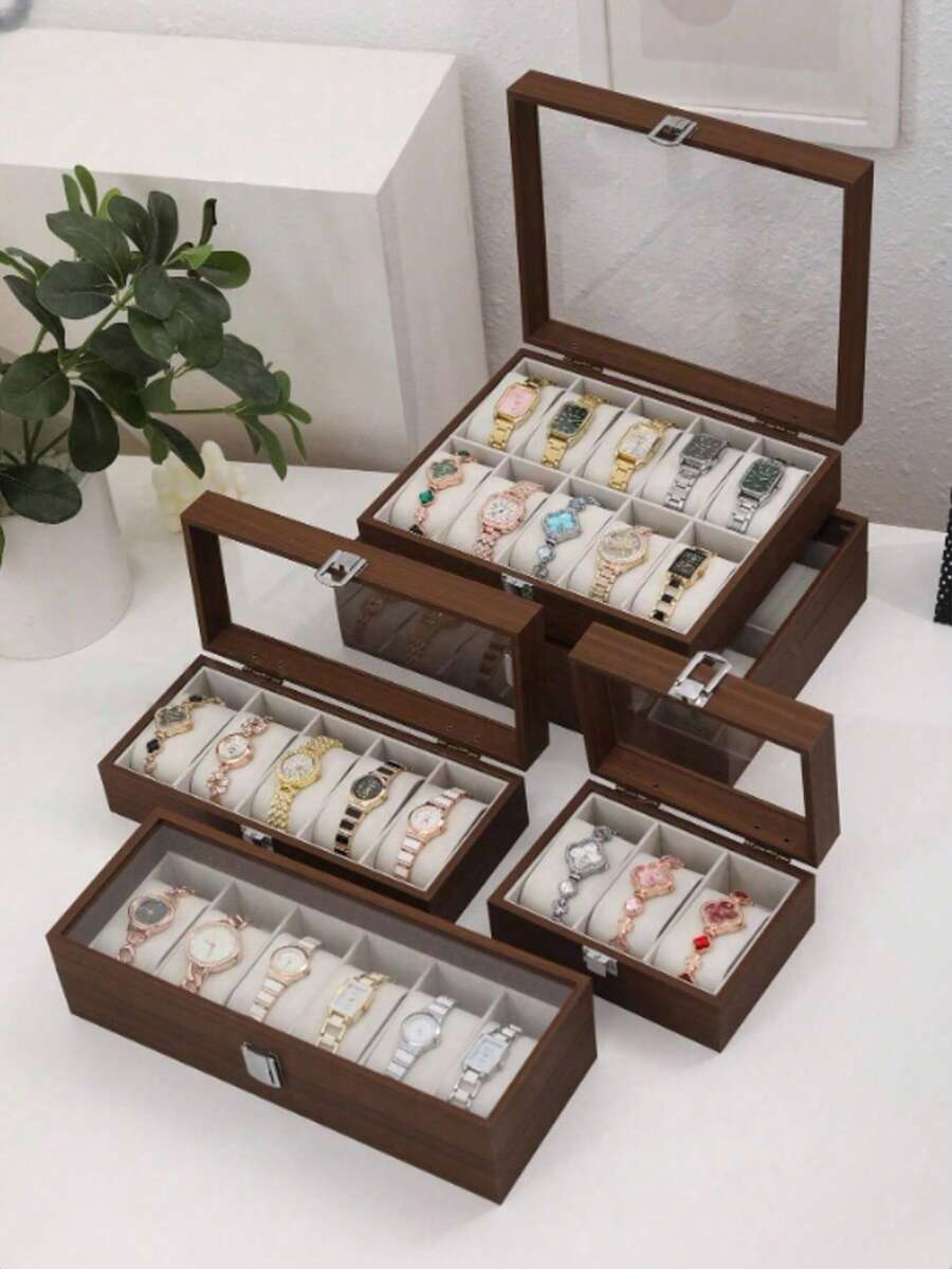 Hộp trưng bày đồng hồ vân gỗ óc chó mới, có các kiểu 3/5/6/10/12 ngăn với nắp kính, hộp đựng đồng hồ và vòng tay dung tích lớn, hộp trưng bày tại nhà và văn phòng, quà tặng ngày lễ. - màu nâu - Xem 1