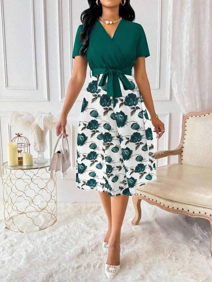 Vestido de mujer con cuello en V y cinturón, manga corta, vestido largo de verano para mujer - Multicolor - Ver 1