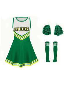 Stage Dance Wear - Green Dress + Hand Flower + Stockings - View 1