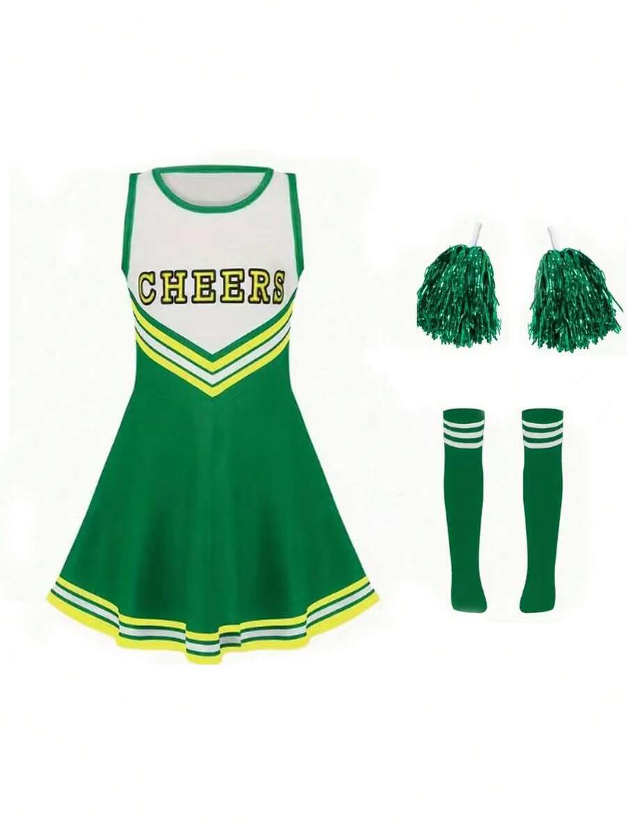 Stage Dance Wear - Green Dress + Hand Flower + Stockings - View 1