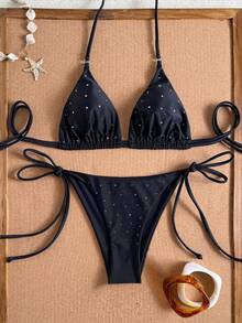 Bộ bikini tam giác màu đen buộc dây cổ, điểm nhấn là đá quý và dây buộc bên hông, gồm 2 mảnh, thích hợp mặc đi biển. - màu đen - Xem 1