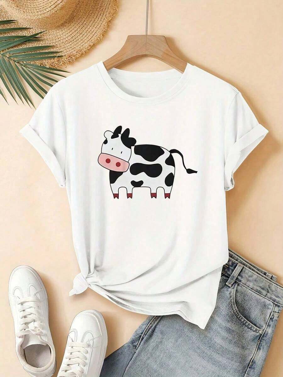 Women's T-Shirt With A Cow Print, Featuring A Modern And Attractive Design, Short Sleeves, And A Round Neck, Perfect For Young Women. Machine Washable And Suitable For Everyday Casual Streetwear. An Ideal Gift Option For Home And Office Wear. - 白色的 - 查看 1