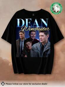 2026 New Dean Winchester 90s Style Graphic T-Shirt, Unisex Plus Size Cotton T-Shirt, T-Shirt for TV Series Fans in Plus Sizes - Schwarz - Übersicht 1