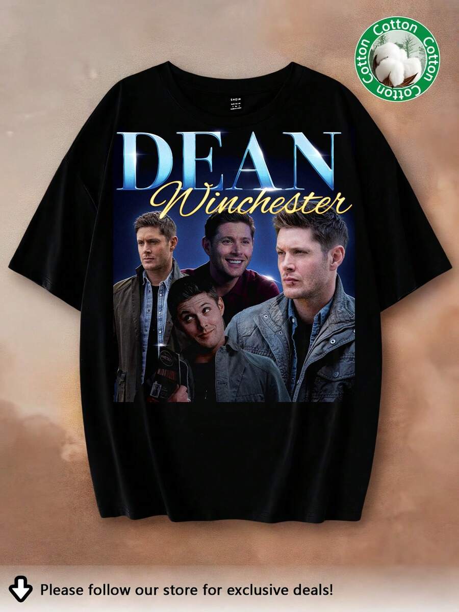 2026 New Dean Winchester 90s Style Graphic T-Shirt, Unisex Plus Size Cotton T-Shirt, T-Shirt for TV Series Fans in Plus Sizes - Schwarz - Übersicht 1