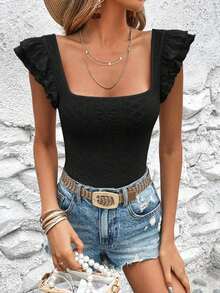 Camiseta con bordado con ojal de manga mariposa de cuello cuadrado - Negro - Ver 3