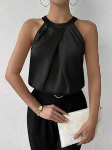 Privé Blusa de satén con cuello halter plisado de color champán, parte superior sin mangas, para uso diario en la oficina, elegante y sencilla, para mujeres, graduación, maestras, vuelta al colegio - Negro - Ver 1