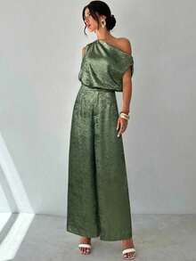 Conjunto de blusa suelta asimétrica sin hombros con baño de oro sin mangas y pantalones de pierna ancha con cintura elástica, adecuado para citas, fiestas, viajes diarios, festivales de música, ceremonias de graduación, atuendos de maestros y ocasiones formales - Verde - Ver 7