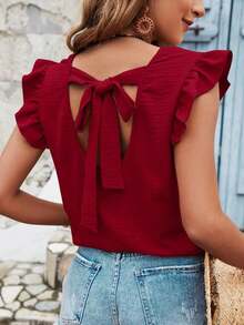 Frenchy Blusa de verano para mujer con volantes y cruce de tirantes en la espalda en color liso - Rosa Roja - Ver 1