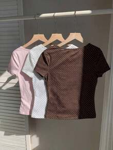 3 piezas Camisetas básicas de mujer de cuello redondo y manga corta, en azul, albaricoque y rosa, adecuadas para uso casual, estilo Y2K, primavera/verano, Día de San Valentín, carnaval, playa, fiesta de cumpleaños, boda, salida y otras ocasiones.Blusa de manga corta linda, blusa femenina, blusa hermosa, camisa linda, blusa linda, blusa de verano rosa, blusa rosa linda, blusa rosa de mujer, elegante, vacaciones, casual, estilo Y2K, primavera/verano, Día de San Valentín, carnaval, playa, fiesta de cumpleaños, boda, salida y otras ocasiones.Blusa con gráfico de corazón rojo - Multicolor 9 - Ver 2