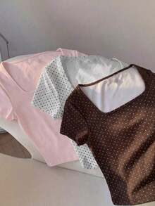 3 piezas Camisetas básicas de mujer de cuello redondo y manga corta, en azul, albaricoque y rosa, adecuadas para uso casual, estilo Y2K, primavera/verano, Día de San Valentín, carnaval, playa, fiesta de cumpleaños, boda, salida y otras ocasiones.Blusa de manga corta linda, blusa femenina, blusa hermosa, camisa linda, blusa linda, blusa de verano rosa, blusa rosa linda, blusa rosa de mujer, elegante, vacaciones, casual, estilo Y2K, primavera/verano, Día de San Valentín, carnaval, playa, fiesta de cumpleaños, boda, salida y otras ocasiones.Blusa con gráfico de corazón rojo - Multicolor 9 - Ver 3