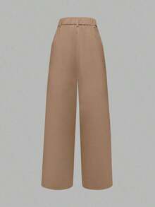Pantalones acampanados de cintura alta con bolsillos de unicolor, de ajuste holgado, para mujer, para primavera y otoño - Caqui - Ver 3