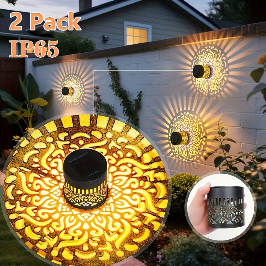 2pcs Solar Fence Lights, IP65 Durable Metal Solar Powered Outdoor LED Lights With Mandala Cut-Out Theme, Waterproof Weather-Resistant Decorative Atmosphere Night Lights For Garden Patio Deck Step Wall Driveway Yard Fence Decoration - 曼陀羅 - 查看 1