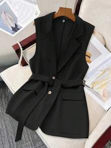 Chaleco de traje simple y casual de solapa, de una sola hilera y sin mangas - Negro - Ver 1