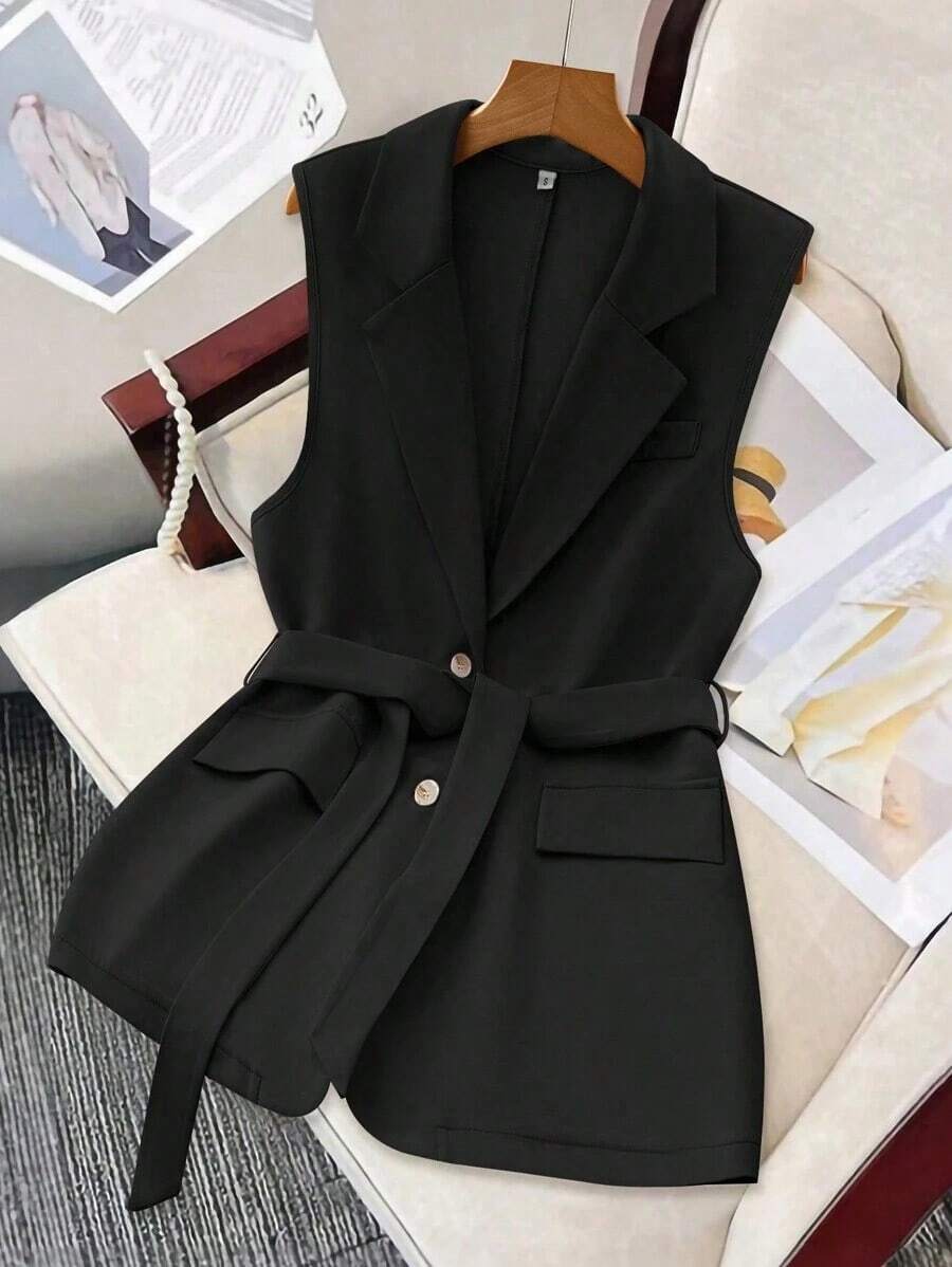 Chaleco de traje simple y casual de solapa, de una sola hilera y sin mangas - Negro - Ver 1