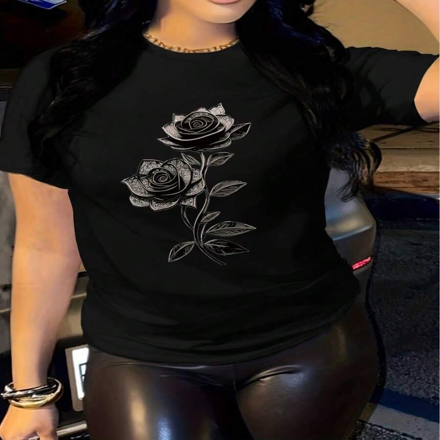 Camiseta Wo Elegant con estampado floral: tejido suave y transpirable, camiseta casual elegante de cuello redondo, adecuada para uso diario y deportes al aire libre, cómoda para las cuatro estaciones, versátil para ocasiones casuales y formales, camiseta Wo, ropa cómoda, moda. - Negro - Ver 1