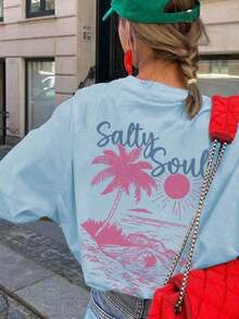 SALTY SOUL Women's Summer T-Shirt 2026, New Spring/Summer Collection, Coconut And Sun Print, Round Neck, Short Sleeve, Casual, Versatile, Essential Garment For Everyday Wear And Vacations. Women's Vacation Print T-Shirt, Loose And Comfortable, Summer Tops - 淺藍色 - 查看 7