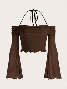 Top unicolor de cuello halter ribete en forma de lechuga manga de campana de malla - Café integral - Ver 1
