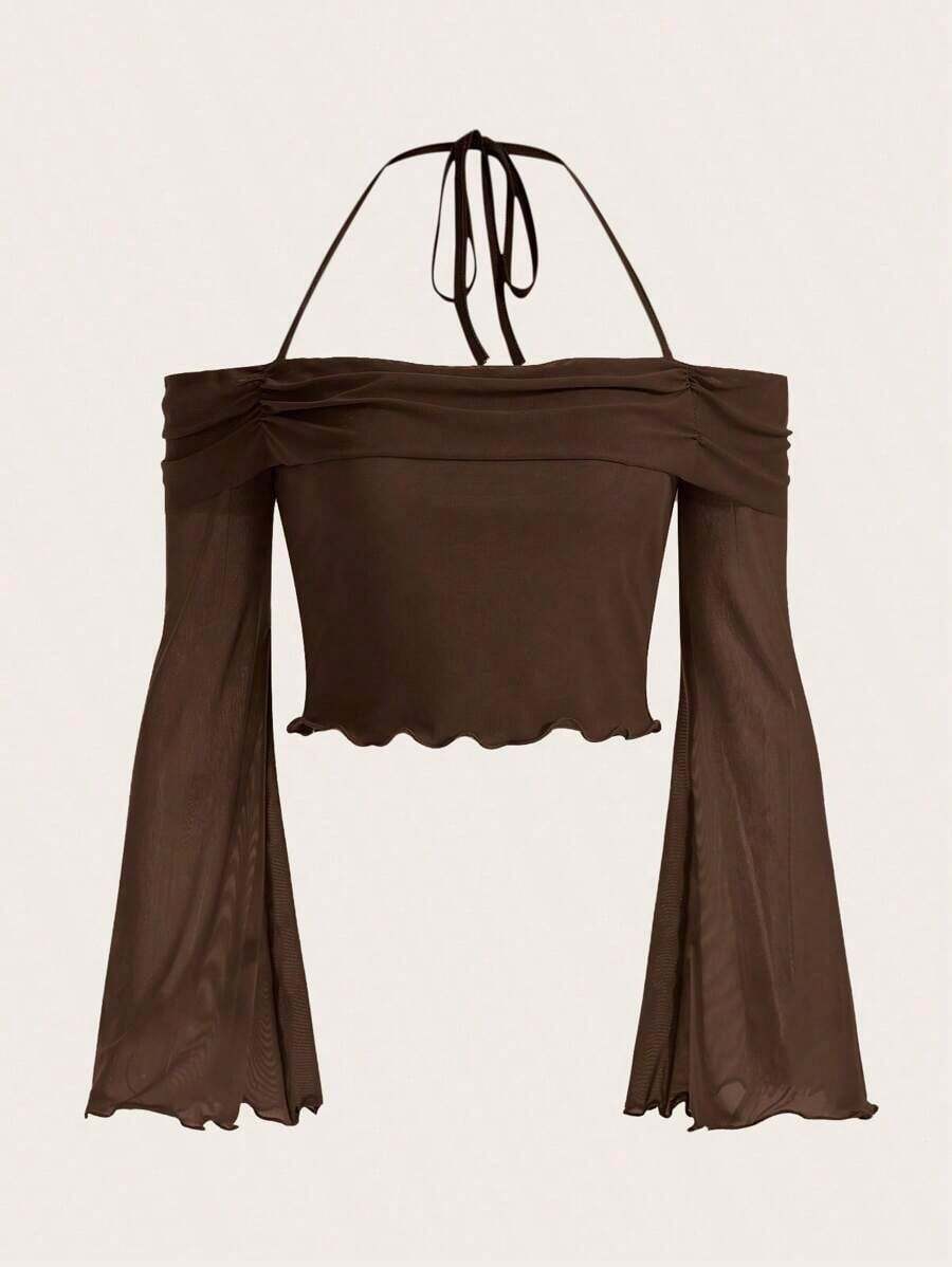 Top unicolor de cuello halter ribete en forma de lechuga manga de campana de malla - Café integral - Ver 1