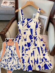 Vestido de talla grande con estampado, lazo en la cintura y decoración para mujeres de vacaciones - Albaricoque - Ver 8