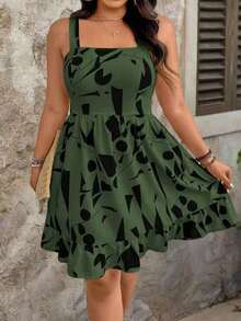 Vestido de talla grande con estampado, lazo en la cintura y decoración para mujeres de vacaciones - Verde militar - Ver 5