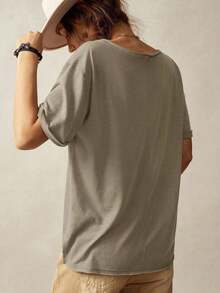 Camiseta casual de mujer de manga corta y cuello en V de unicolor holgada - Albaricoque - Ver 6