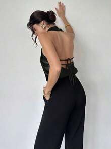 Blusa de satén dorado con cuello de tortuga y espalda de halter, elegante y casual para ir al trabajo/Look de Año Nuevo/Blusa sexy/Blusa brillante/Blusa para fiesta/Blusa de estilo "Old Money"/Blusa dorada - Negro - Ver 2