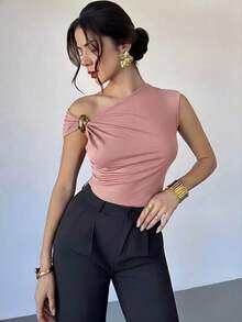 Camiseta asimétrica de hombro con decoración metálica, elegante y casual, adecuada para salir, fiestas y otras ocasiones/Otoño para mujeres/Disfraz de Halloween para mujeres/Camiseta roja de Navidad/Parte superior de fiesta de Año Nuevo/Elegantes - Rosa - Ver 4