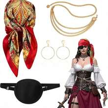 4pcs Women's Pirate Costume Accessories Set, Includes Red Printed Headband, Eye Patch, Waist Chain, Earrings, Suitable For Halloween Cosplay Party - Multicolor - View 8