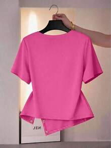 Camiseta de manga corta de talla grande para mujer, de unicolor, con dobladillo asimétrico, para uso diario y casual - Rosa - Ver 2