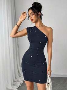 Vestido corto de mujer con decoración de perlas falsas, unicolor y hombro asimétrico - Azul marino - Ver 5