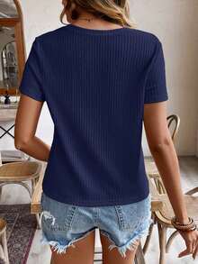 de manga corta para la primavera y el verano con cuello redondo y unicolor en tela texturizada para uso casual - Azul marino - Ver 2