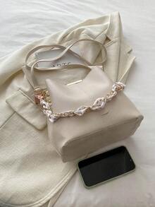 Bolso balde de piel sintética con acento de cadena, bandolera para mujeres - Blanco - Ver 3