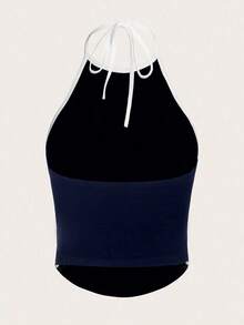 Top de tirantes casual con cuello de halter y pliegues con estampado de letras para mujer - Azul marino - Ver 3