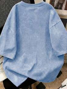 1 pieza Camiseta de mujer de manga corta con cuello redondo y estampado tie-dye de moda para verano, hecha de tela de algodón lavado, adecuada para la calle, la oficina, el campus, el uso diario, las citas, las fiestas y otras ocasiones.Corte holgado, estilo streetwear, perfecta para el atuendo de vacaciones de la mujer.Informal - azul claro - Ver 2