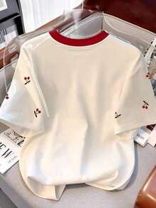 Camiseta casual para mujer, gris, nuevo diseño de verano, cuello redondo, estampado de cerezas dulces, diseño gráfico, estilo estudiantil, ajuste versátil minimalista, adecuado para uso diario, al aire libre, viajes, cómodo, esencial para mujeres - Multicolor 6 - Ver 2