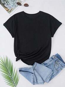 Women's Casual Summer Short Sleeve T-Shirt With Floral Print And Slogan "I DON'T TRUST WORDS, I TRUST ACTIONS" Graphic T-Shirts For Women - 黑色 - 查看 6