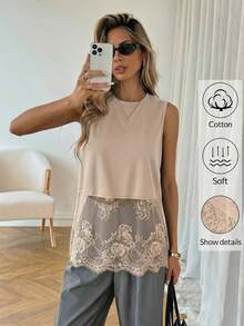 Top de mujer sin mangas de cuello redondo con dobladillo de encaje, primavera/verano - Camel - Ver 1