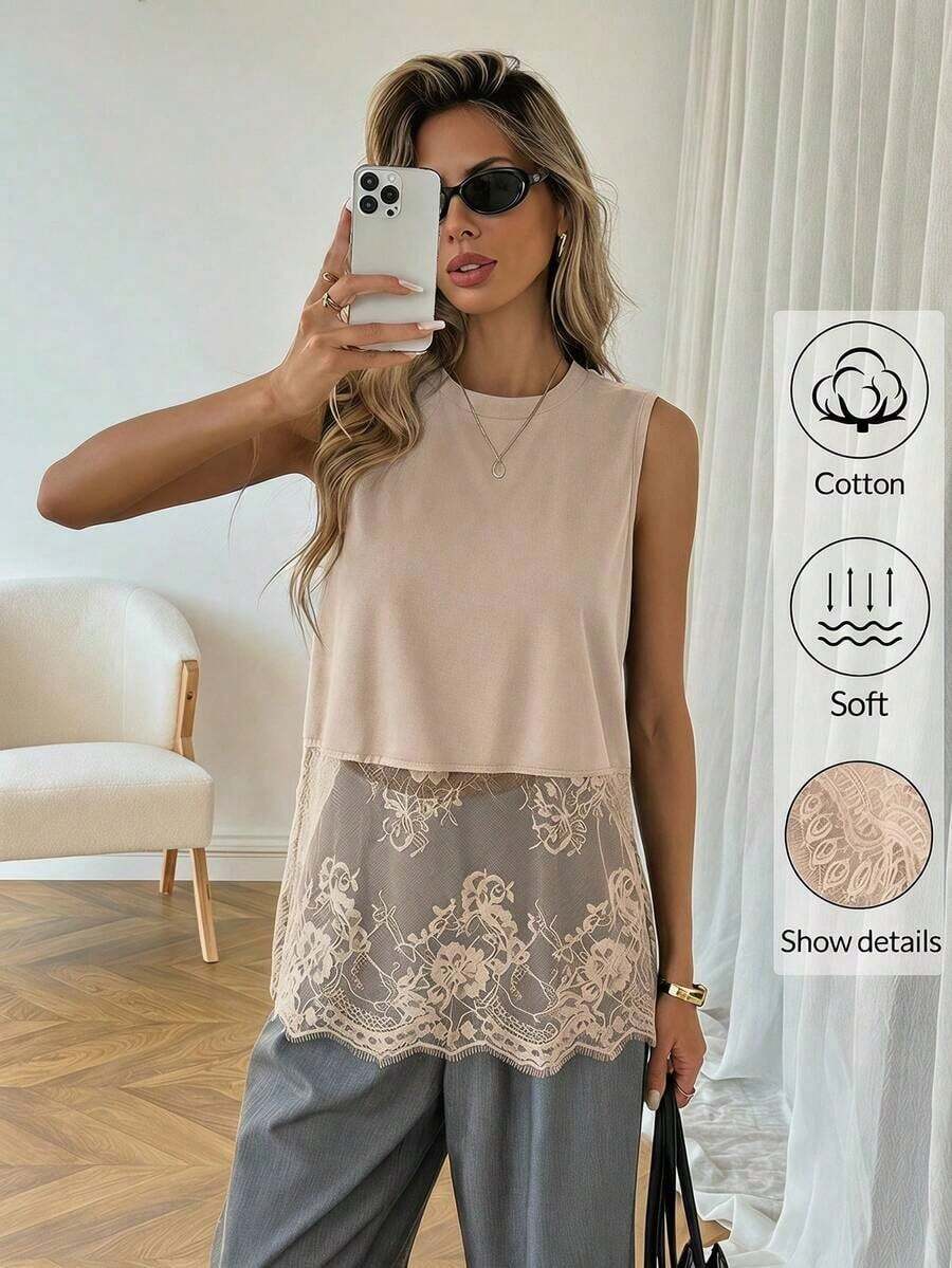 Top de mujer sin mangas de cuello redondo con dobladillo de encaje, primavera/verano - Camel - Ver 1