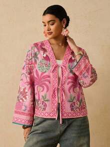 Camisa casual versátil de uso diario con estampado floral y nudo delantero para mujer de talla grande - Rosa - Ver 3