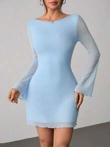 Vestido de malla con mangas de trompeta y espalda descubierta, nuevo y sexy para principios de otoño - Celeste - Ver 7