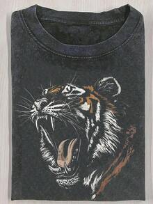 Camiseta de manga corta con estampado de retrato de tigre estilo retro, 230g, lavado intenso, batik, impresión a doble cara, camiseta de manga corta para hombre, suéter para exteriores, lavado vintage, 100% algodón, para uso diario. - Negro - Ver 1