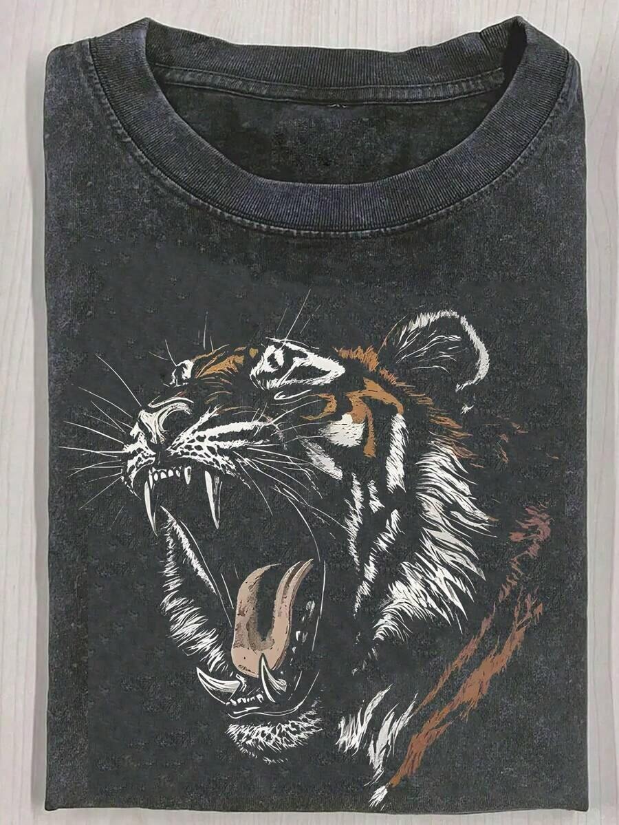 Camiseta de manga corta con estampado de retrato de tigre estilo retro, 230g, lavado intenso, batik, impresión a doble cara, camiseta de manga corta para hombre, suéter para exteriores, lavado vintage, 100% algodón, para uso diario. - Negro - Ver 1