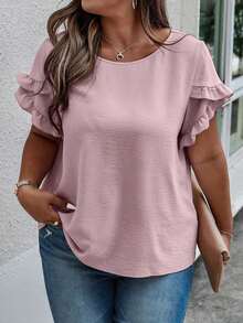 Blusa casual con cuello redondo, mangas con volantes y estampado floral para mujer de talla grande - Rosa - Ver 3