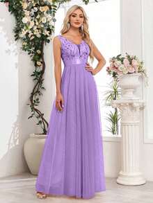 Vestido de dama de honor formal de línea A con escote en V sin mangas, bordado y de malla, vestido de fiesta elegante, vestido de invitado de boda formal, vestido de ceremonia de graduación, vestido de noche de primavera - Púrpura malva - Ver 5